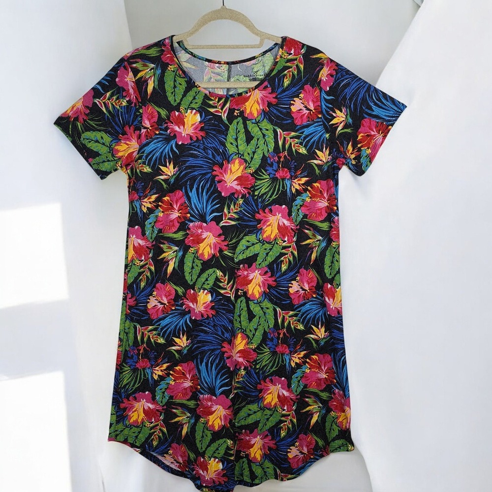 Bobbie Brooks Tunic Dress Women Large Tropical Floral Print Short Sleeve Boho